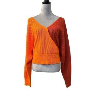 SHEIN Women's Two Tone Batwing Sleeve V-Neck Knit Sweater Orange Size L Y2K